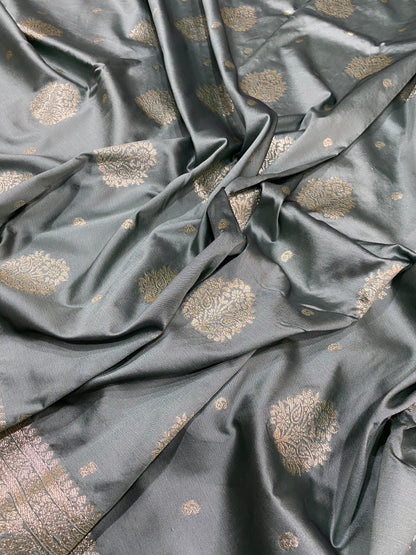 Grey Luxe Silk Banarasi Saree – Heritage Matt Gold Buti Royal Weave by Shades Of Banaras - banarasi - banarasi saree shop - banarasi saree manufacturers - banarasi saree wholesale - banaraasi sarees - banarasi sari - banarasi saris - silk saree - silk sari - wedding saree - wedding sari - designer sari - wedding collection - gifting
