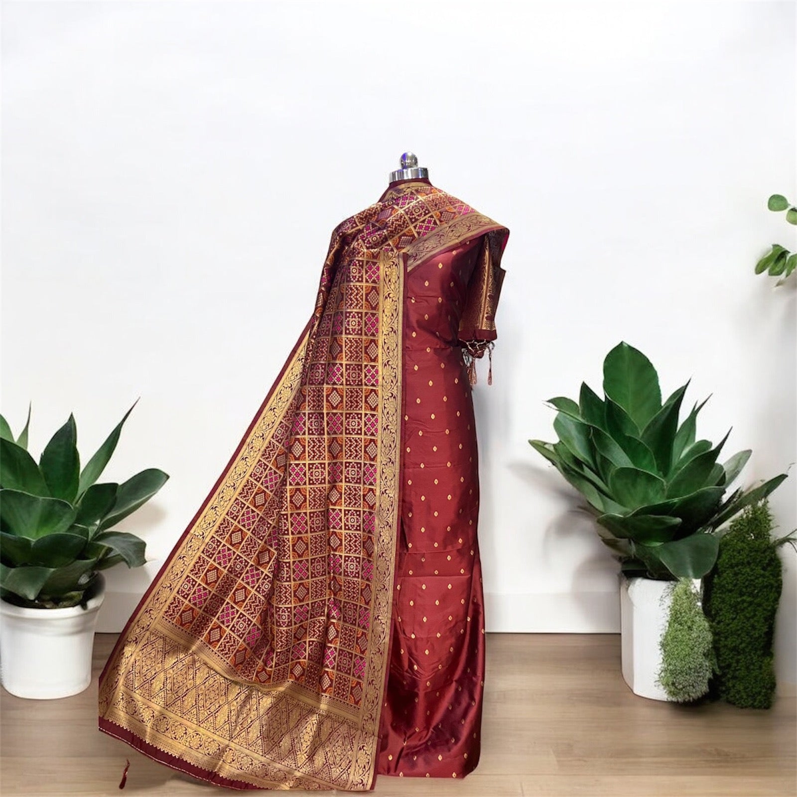 Wine 3-Piece Handloom Katan Soft Silk Banarasi Dress Materials: Luxurious Elegance by Shades Of Benares - banarasi - banarasi saree shop