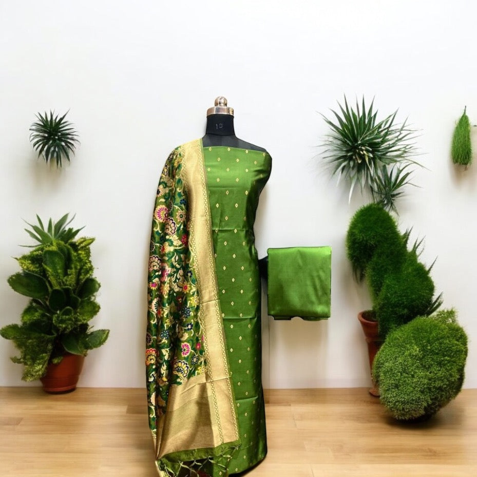 Elegant Green Silk Dress Materials by Shades Of Benares - banarasi - banarasi saree shop