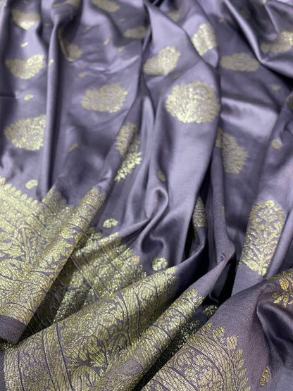 Lavender Luxe Silk Banarasi Saree with Matt Gold Zari Butis | Handloom Summer Heirloom