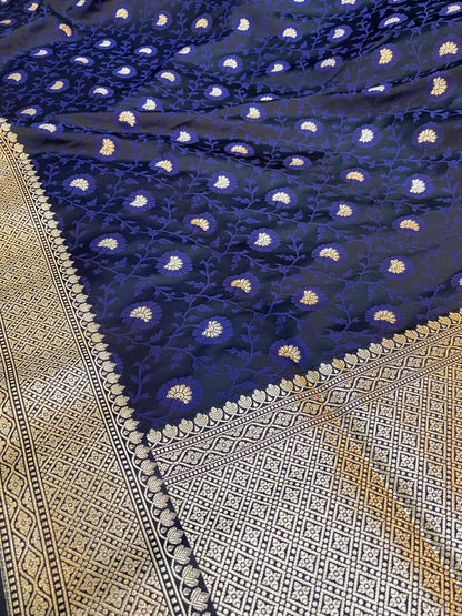 Navy Blue Pure Katan Silk Banarasi Saree: Jaal Work Tanchui Weave Elegance by Shades Of Benares - banarasi - banarasi saree shop