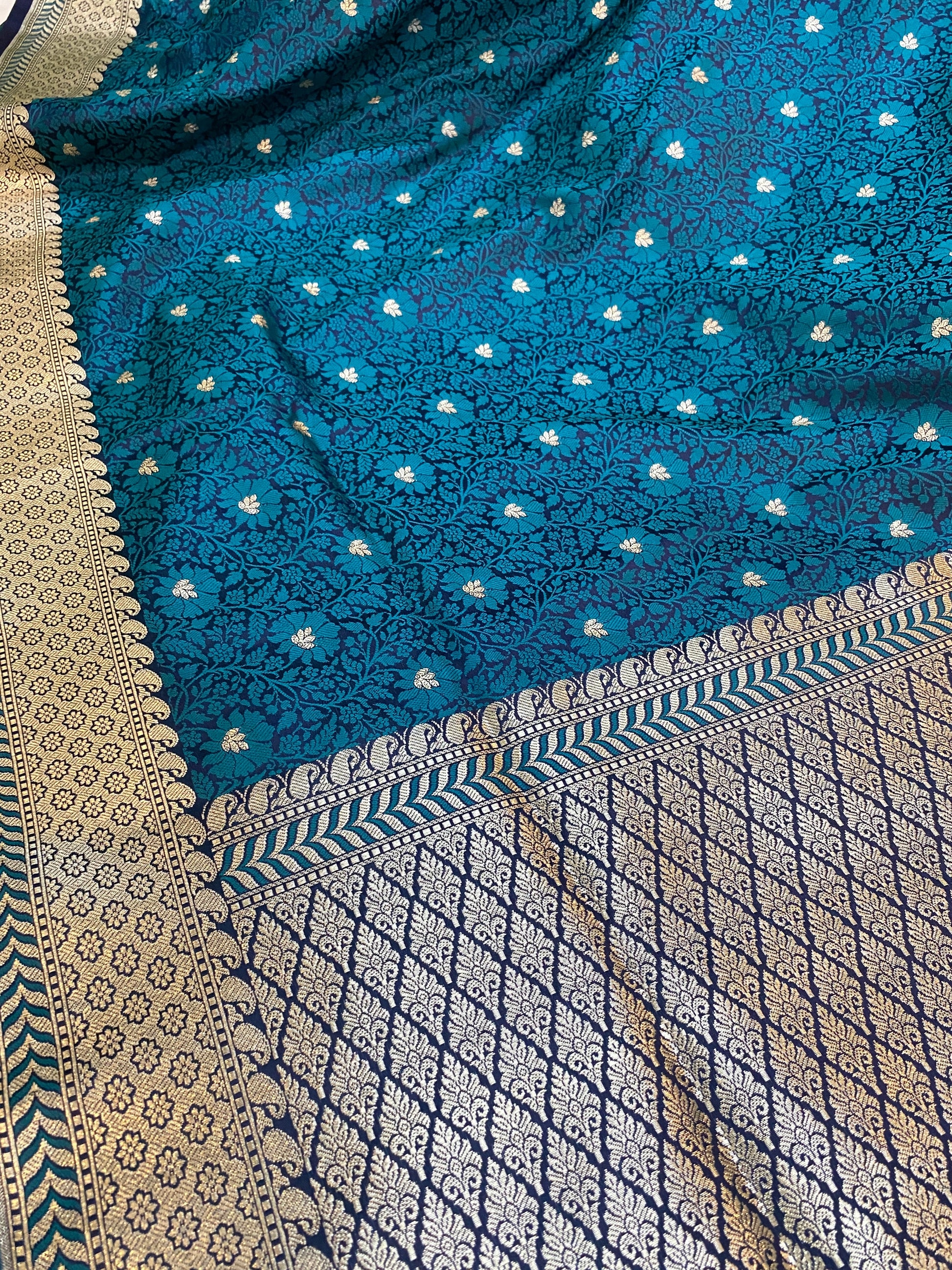 Turquoise Blue Pure Katan Silk Banarasi Saree: Jaal Work Tanchui Weave Splendor by Shades Of Benares - banarasi - banarasi saree shop