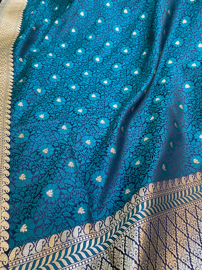 Turquoise Blue Pure Katan Silk Banarasi Saree: Jaal Work Tanchui Weave Splendor by Shades Of Benares - banarasi - banarasi saree shop