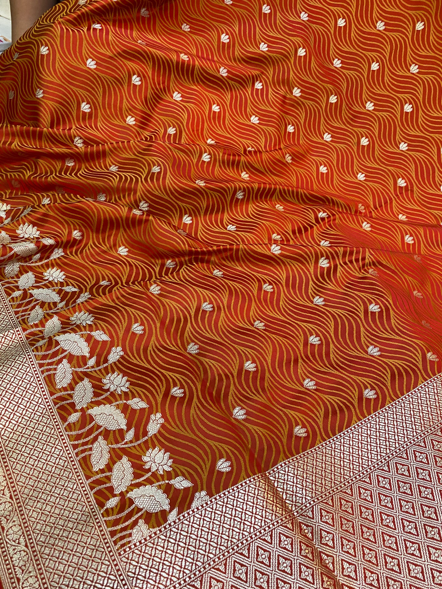 Radiant Fusion: Pinkish Orange Pure Katan Silk Banarasi Saree by Shades Of Benares - banarasi - banarasi saree shop