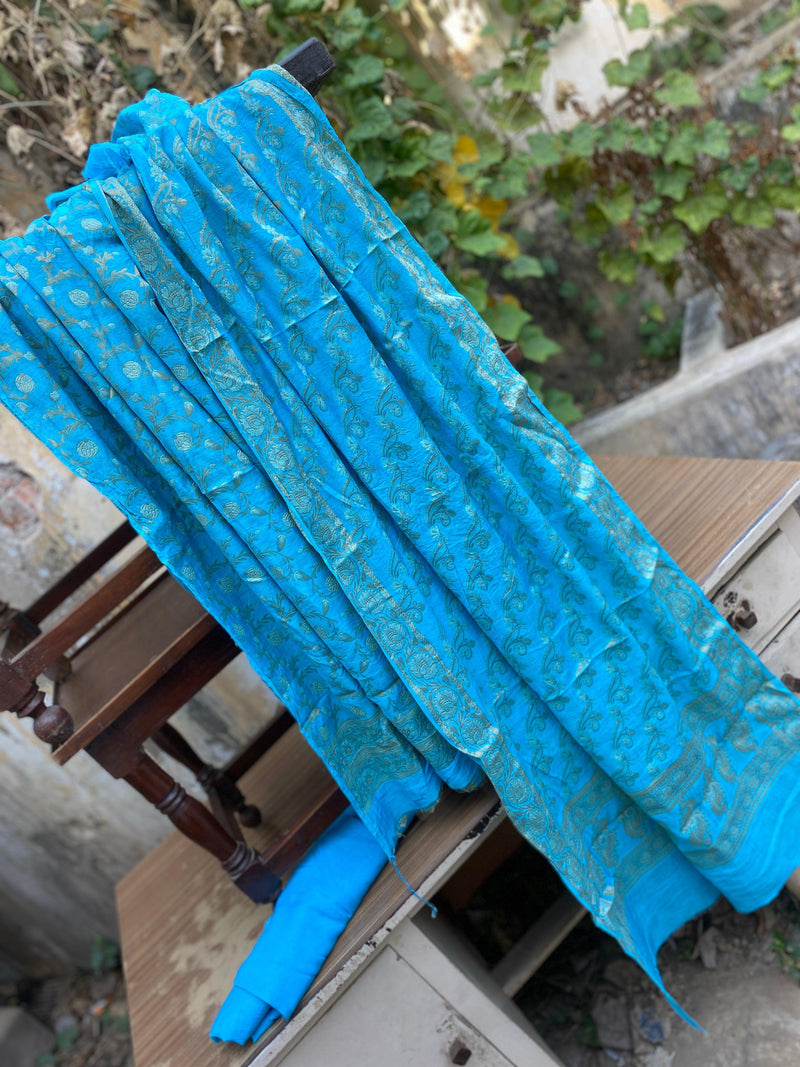Handwoven Blue Pure Banarasi Cotton Silk 3 pcs ladies Suit by Shades Of Benares - banarasi - banarasi saree shop