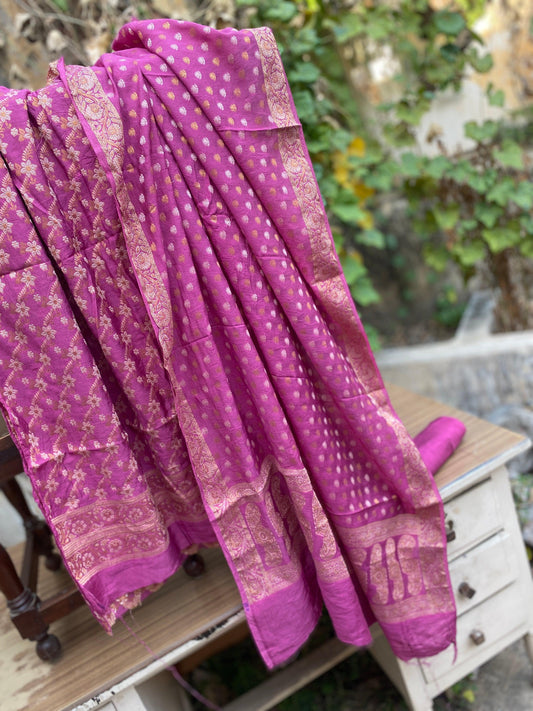 Handwoven Pink Pure Banarasi Cotton Silk 3 pcs ladies Suit by Shades Of Benares - banarasi - banarasi saree shop