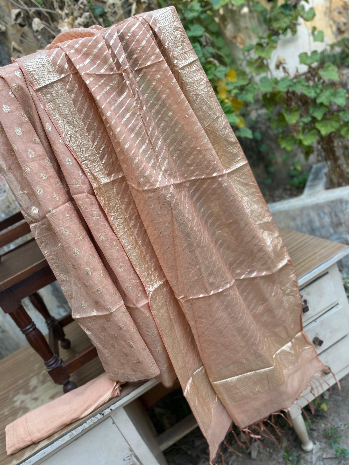 Handwoven Peach Organza 3 pcs Dress Material by Shades Of Benares - banarasi - banarasi saree shop