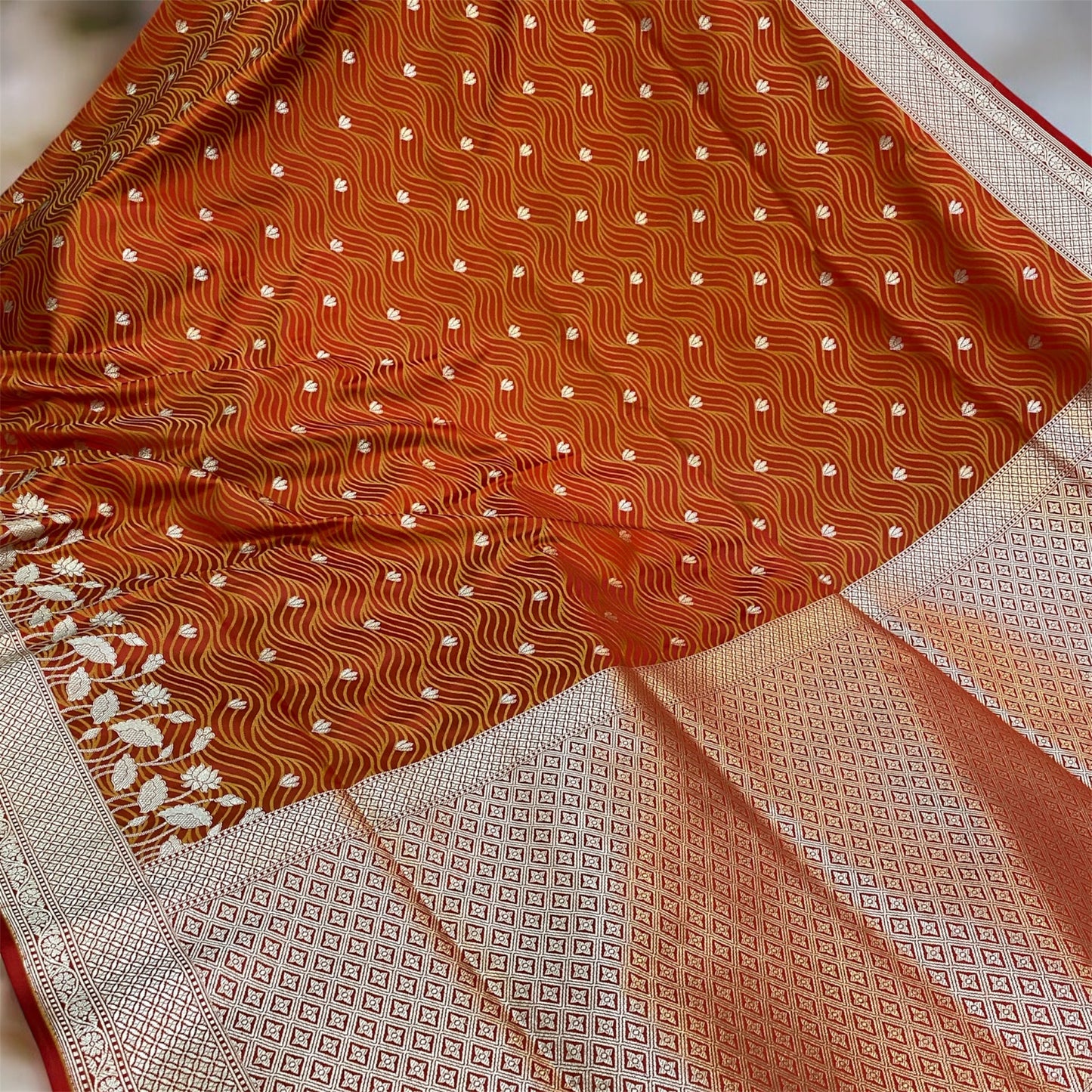 Timeless Charm: Brownish Orange Pure Banarasi Silk Saree by Shades Of Benares - banarasi - banarasi saree shop