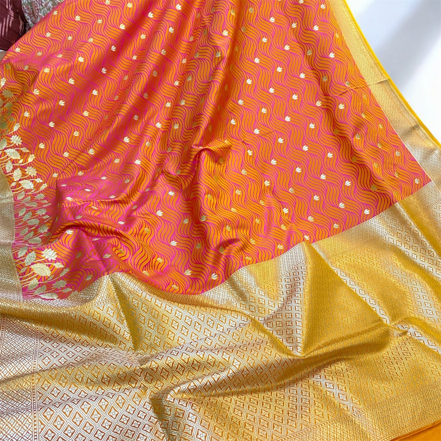 Radiant Fusion: Pinkish Orange Pure Katan Silk Banarasi Saree by Shades Of Benares - banarasi - banarasi saree shop