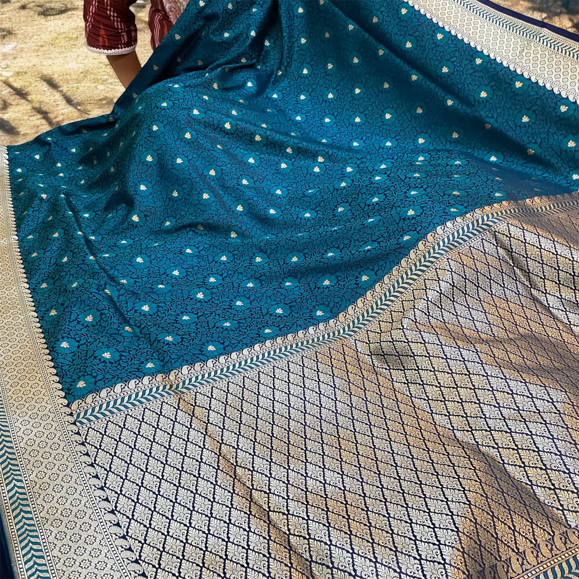 Turquoise Blue Pure Katan Silk Banarasi Saree: Jaal Work Tanchui Weave Splendor by Shades Of Benares - banarasi - banarasi saree shop