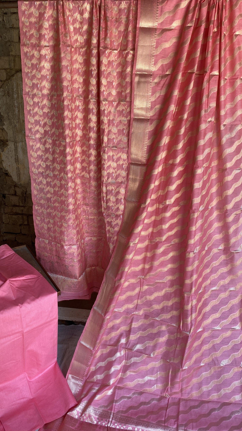 Handwoven Pink Cotton Silk 3 pcs Dress Material - Shades Of Benares