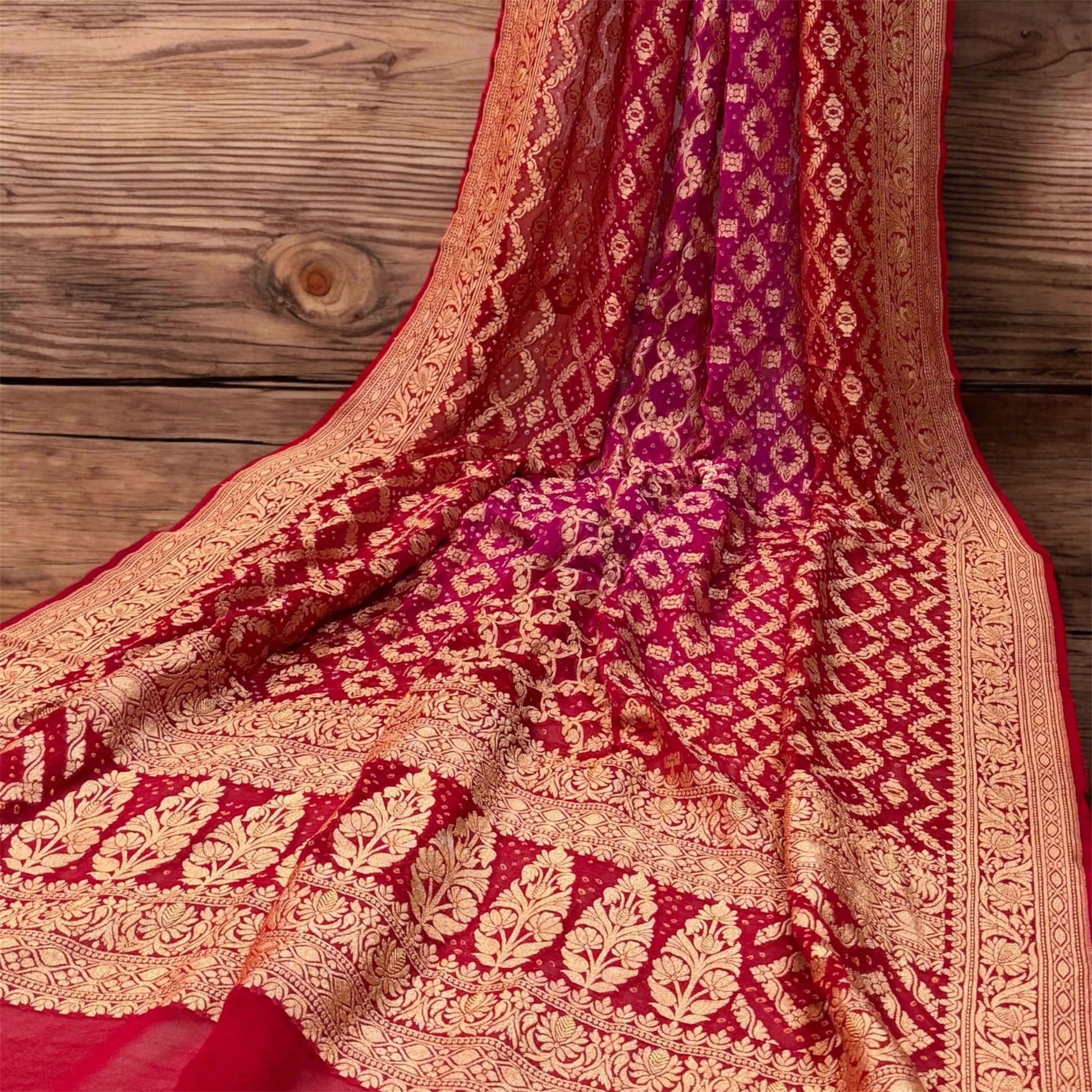 Stunning Red and Pink Bandhani Dupatta by Shades Of Benares - banarasi - banarasi saree shop