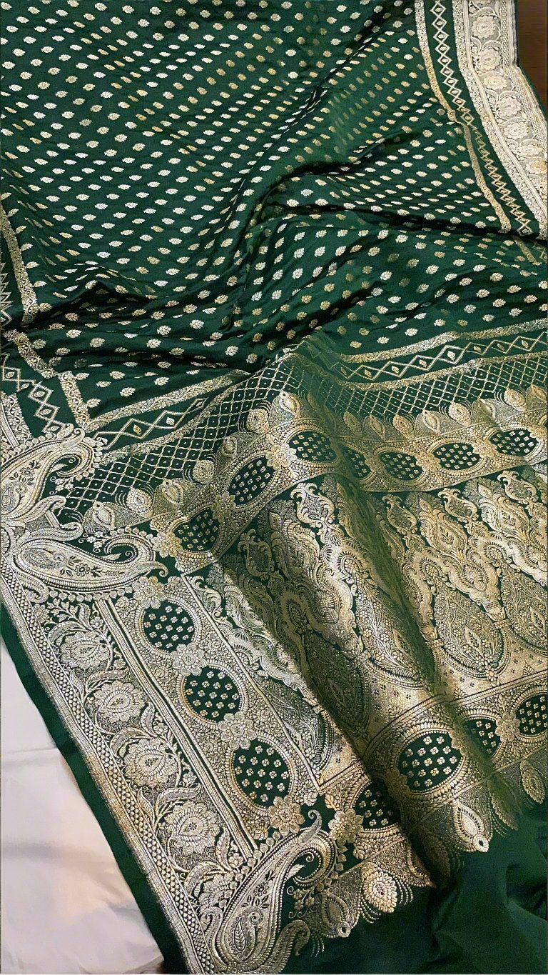 Exquisite Bottle Green Handloom Pure Silk Banarasi Saree by Shades Of Benares - banarasi - banarasi saree shop