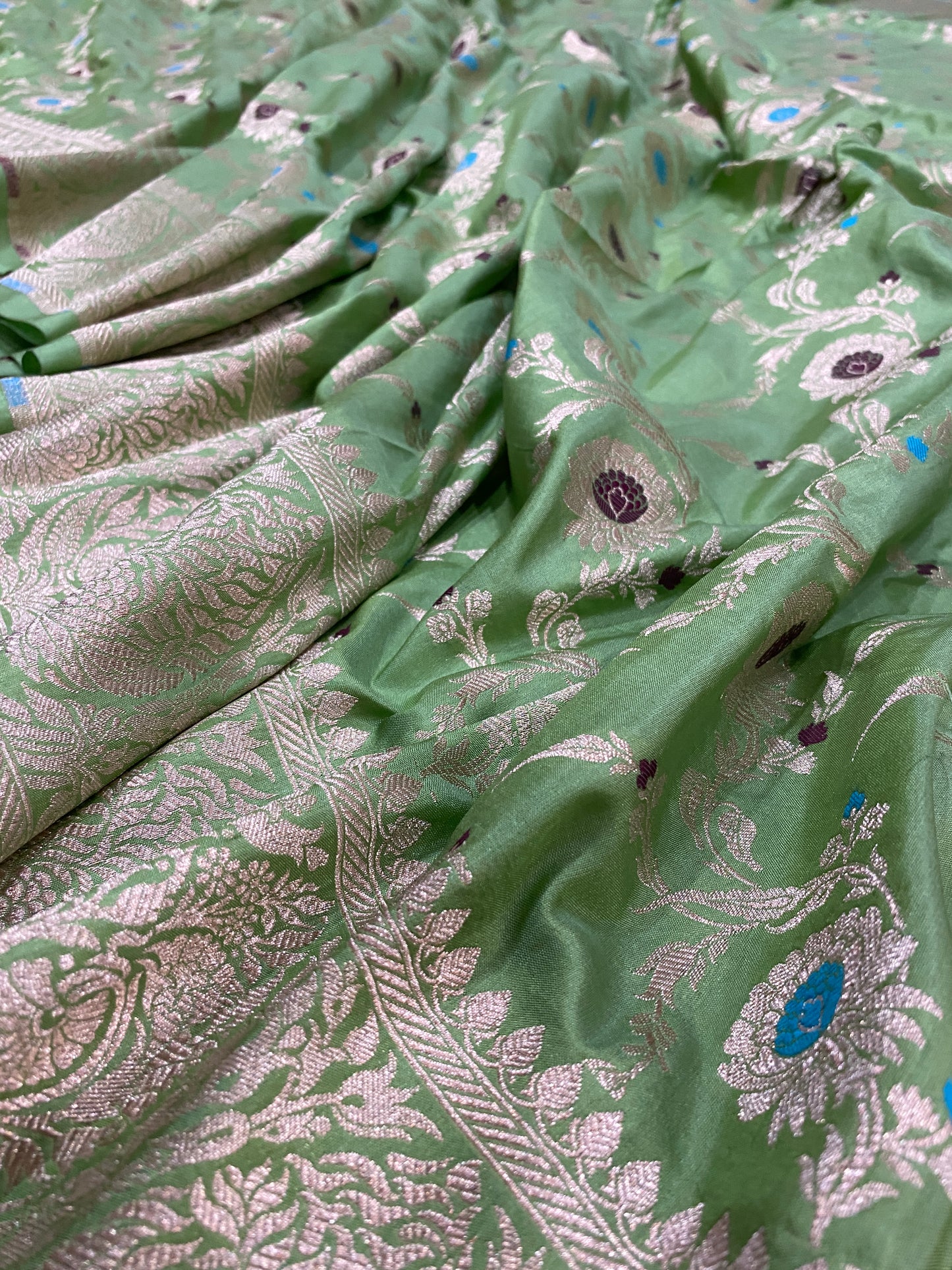 Livia Pastello: Pastel Green Pure Silk Banarasi Saree in All-Over Meenakari Jaal