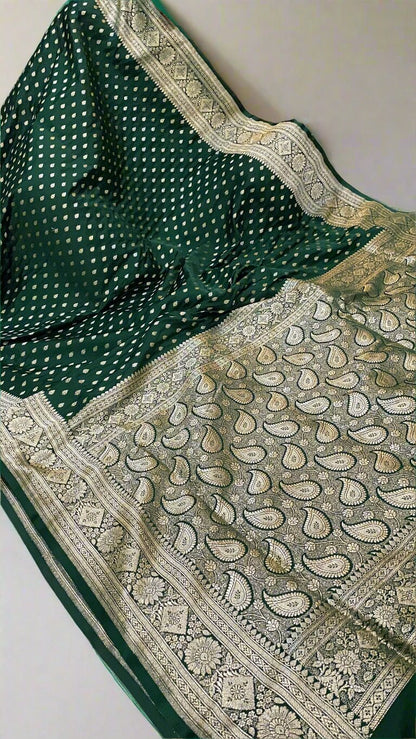 Exquisite Handloom Bottle Green Pure Silk Banarasi Saree by Shades Of Benares - banarasi - banarasi saree shop