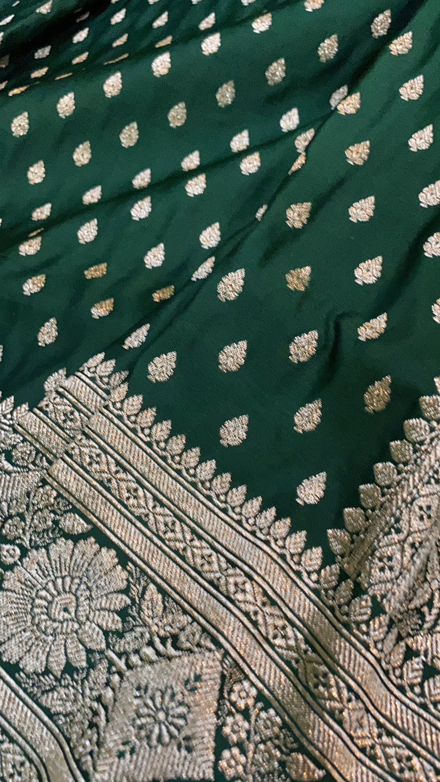 Exquisite Handloom Bottle Green Pure Silk Banarasi Saree by Shades Of Benares - banarasi - banarasi saree shop