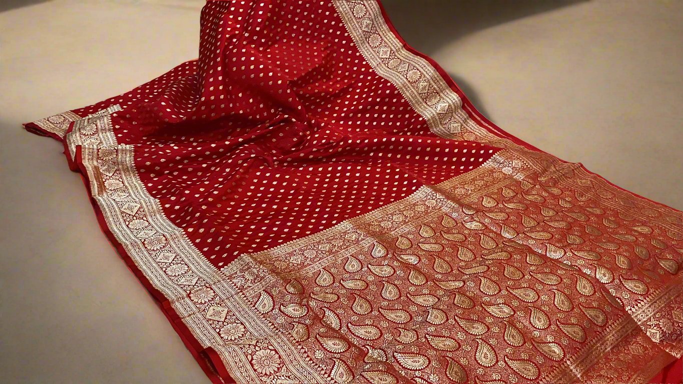 Luxurious Red Handloom Pure Silk Banarasi Saree by Shades Of Benares - banarasi - banarasi saree shop