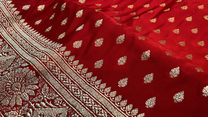 Luxurious Red Handloom Pure Silk Banarasi Saree by Shades Of Benares - banarasi - banarasi saree shop