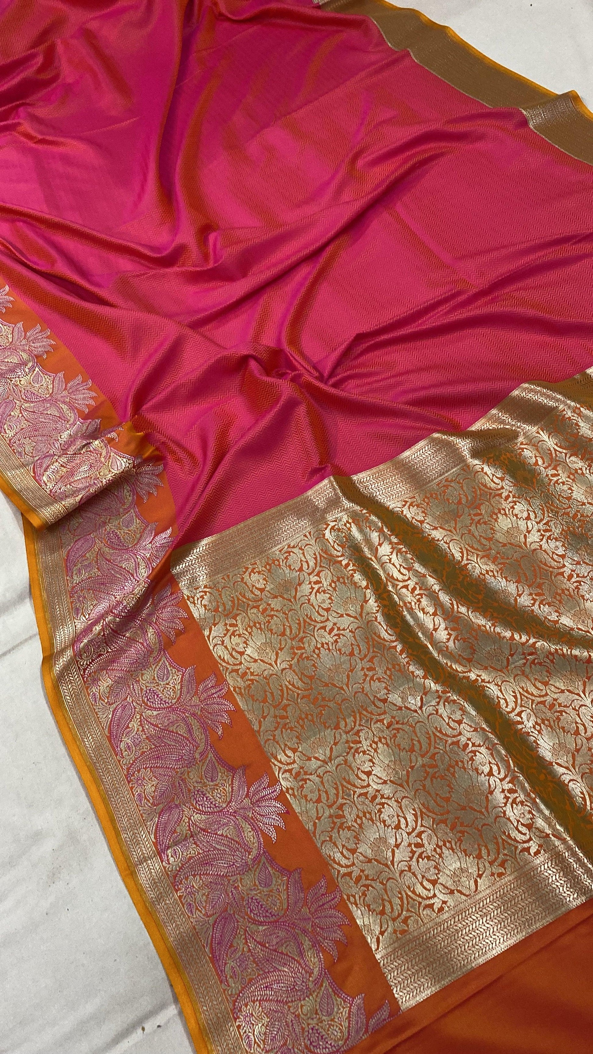 Handwoven Pinkish Orange Pure Banarasi Silk Sari by Shades Of Benares - banarasi - banarasi saree shop