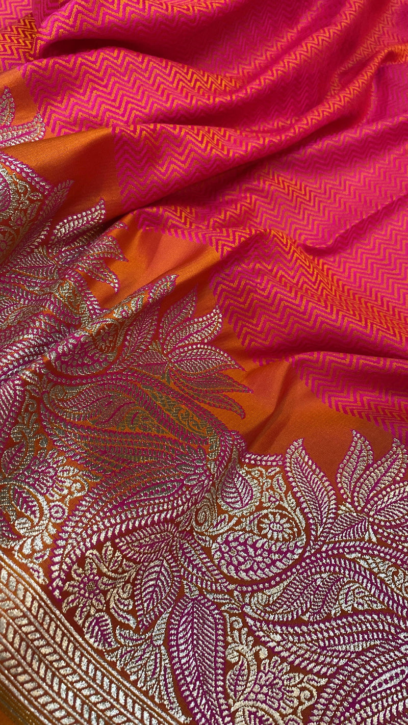 Handwoven Pinkish Orange Pure Banarasi Silk Sari - Shades Of Benares
