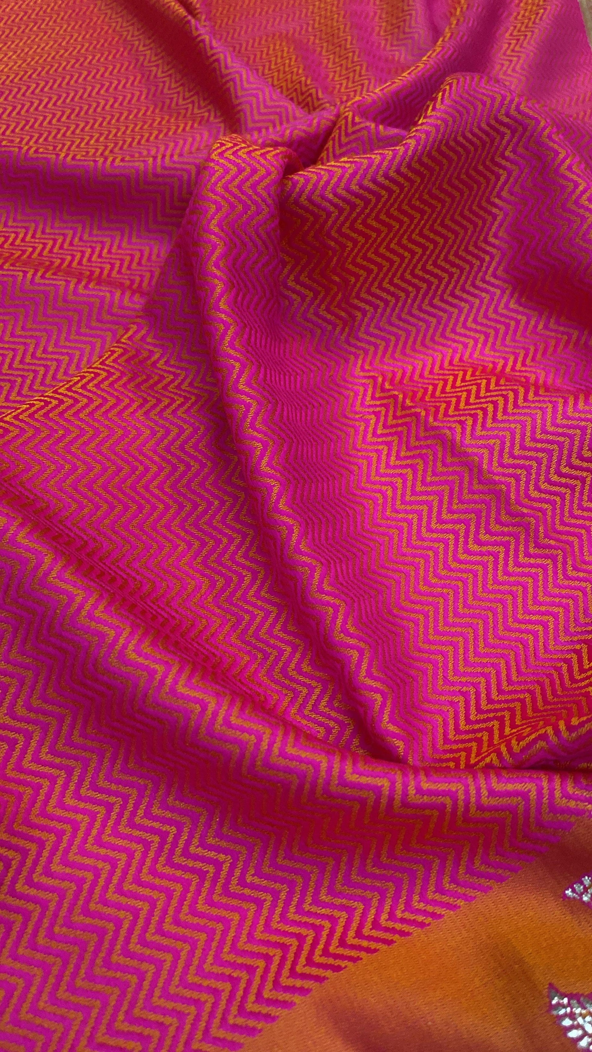 Handwoven Pinkish Orange Pure Banarasi Silk Sari by Shades Of Benares - banarasi - banarasi saree shop