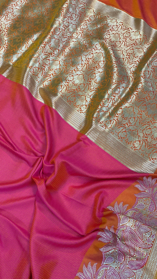 Handwoven Pinkish Orange Pure Banarasi Silk Sari by Shades Of Benares - banarasi - banarasi saree shop