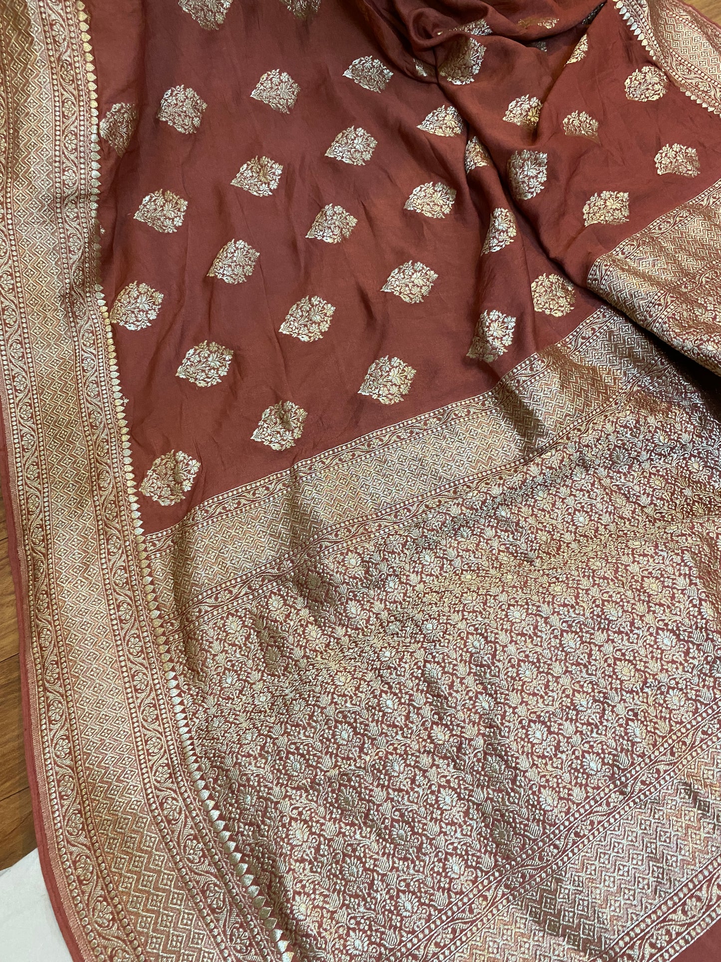 The Light Brown Handloom Pure Moonga Silk Banarasi Saree by Shades Of Benares - banarasi - banarasi saree shop