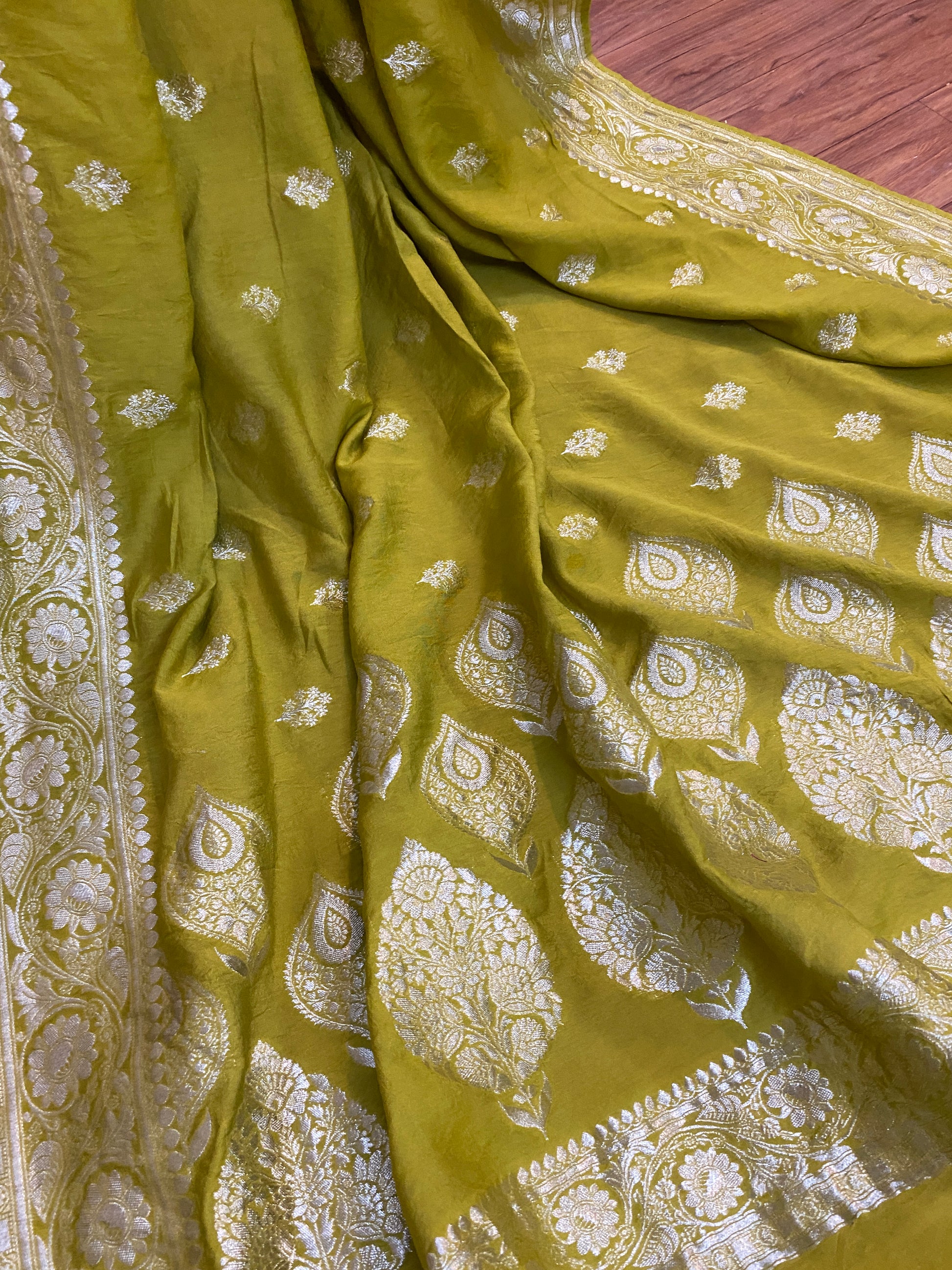 The Greenish Yellow Handloom Pure Moonga Silk Banarasi Saree by Shades Of Benares - banarasi - banarasi saree shop