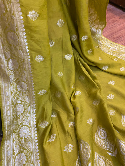 The Greenish Yellow Handloom Pure Moonga Silk Banarasi Saree by Shades Of Benares - banarasi - banarasi saree shop