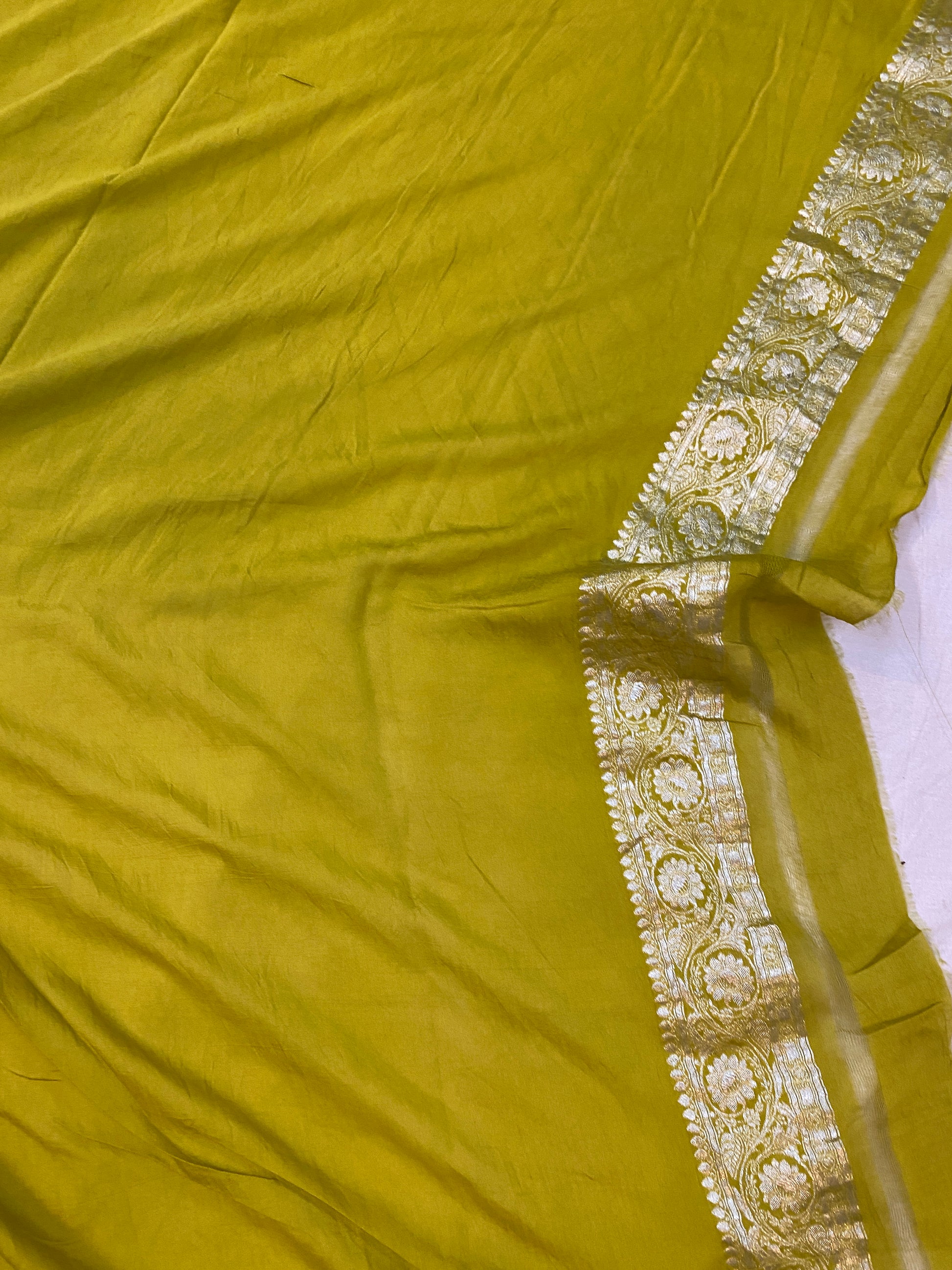 The Greenish Yellow Handloom Pure Moonga Silk Banarasi Saree by Shades Of Benares - banarasi - banarasi saree shop