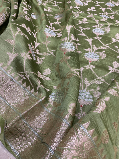 Verde Pastello Cutwork Jaal Couture Pure Cotton Silk Banarasi Saree