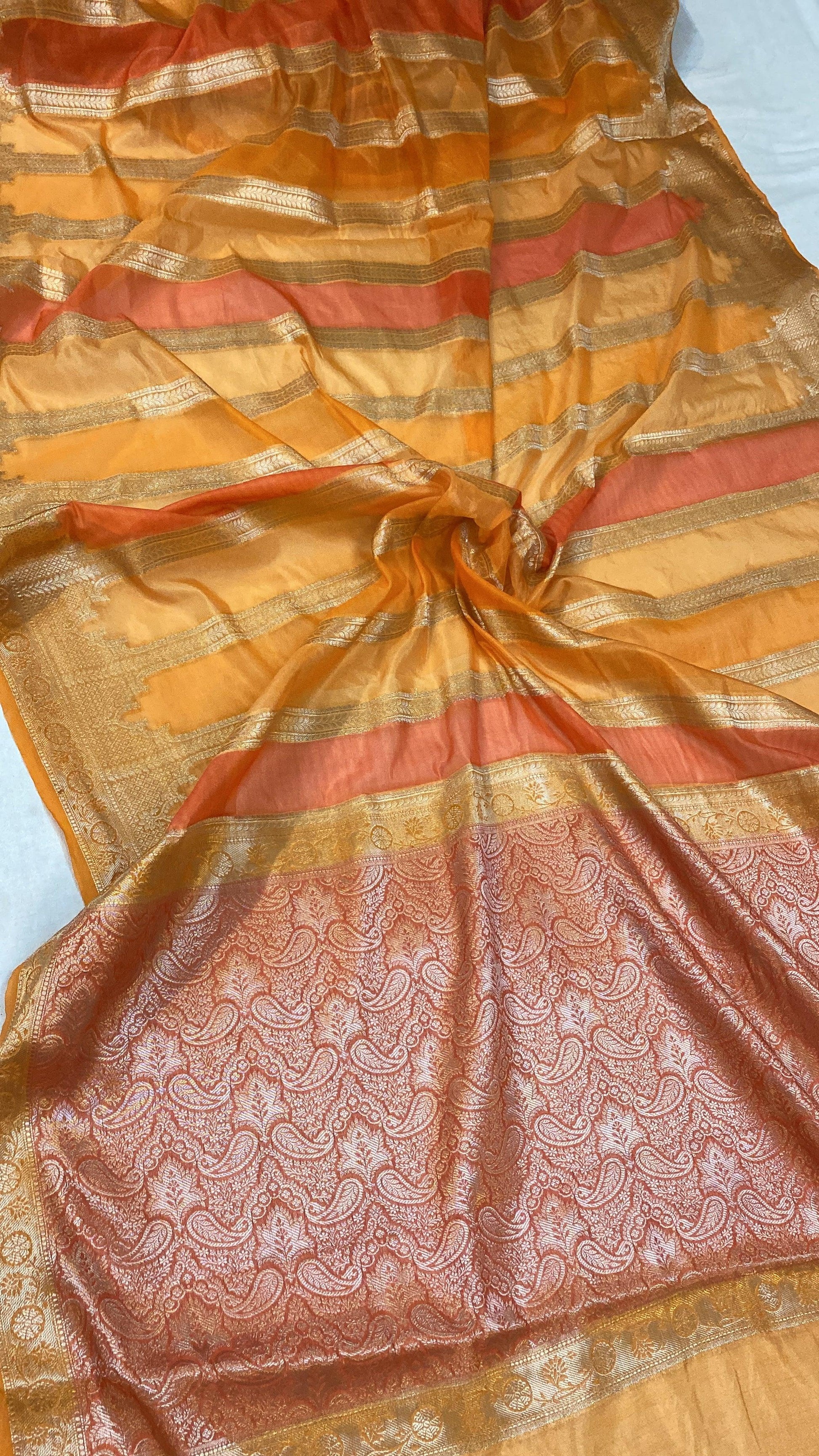 Handwoven Orange Rangkaat Banarasi Silk Sari by Shades Of Benares - banarasi - banarasi saree shop