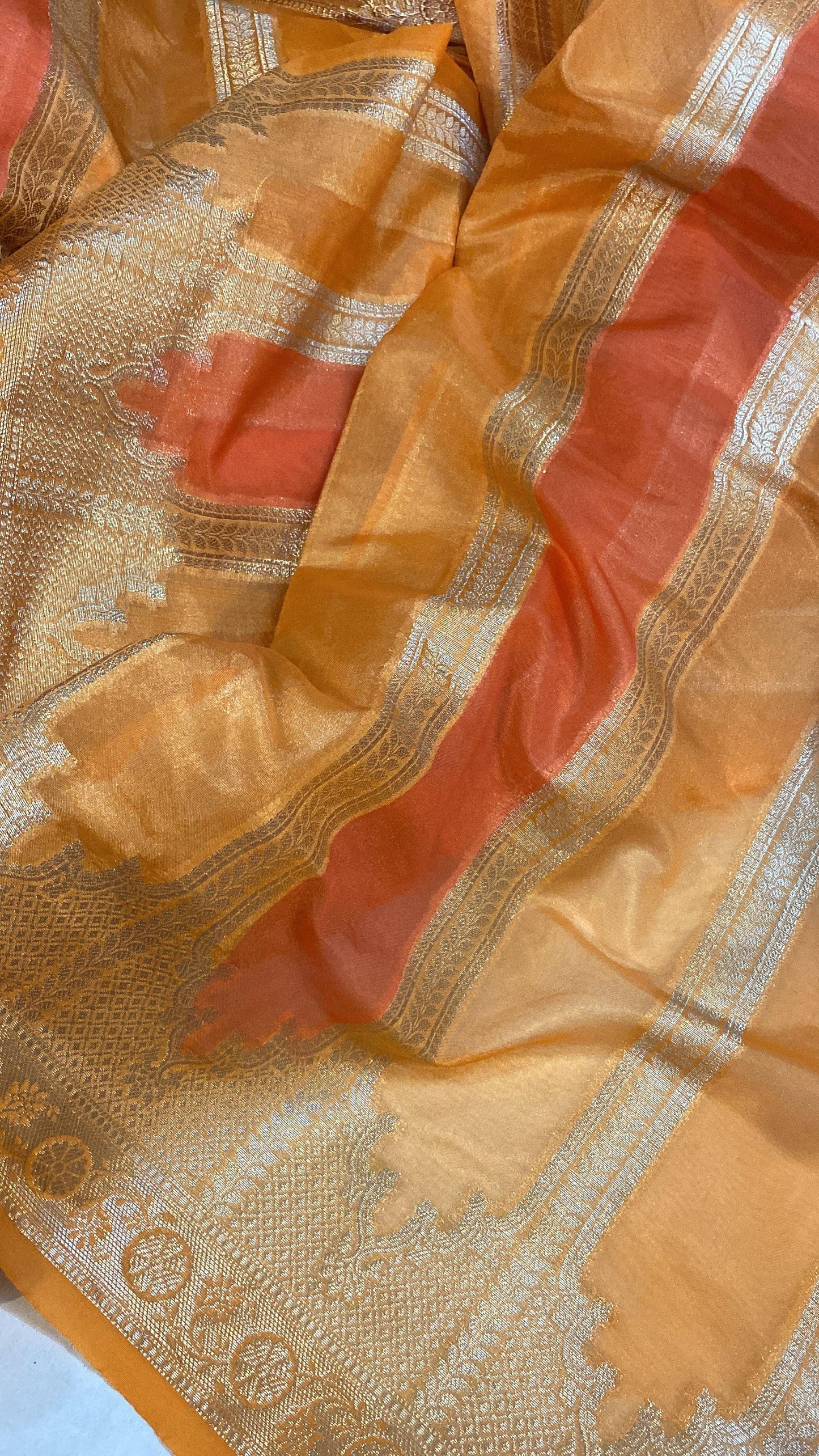 Handwoven Orange Rangkaat Banarasi Silk Sari by Shades Of Benares - banarasi - banarasi saree shop