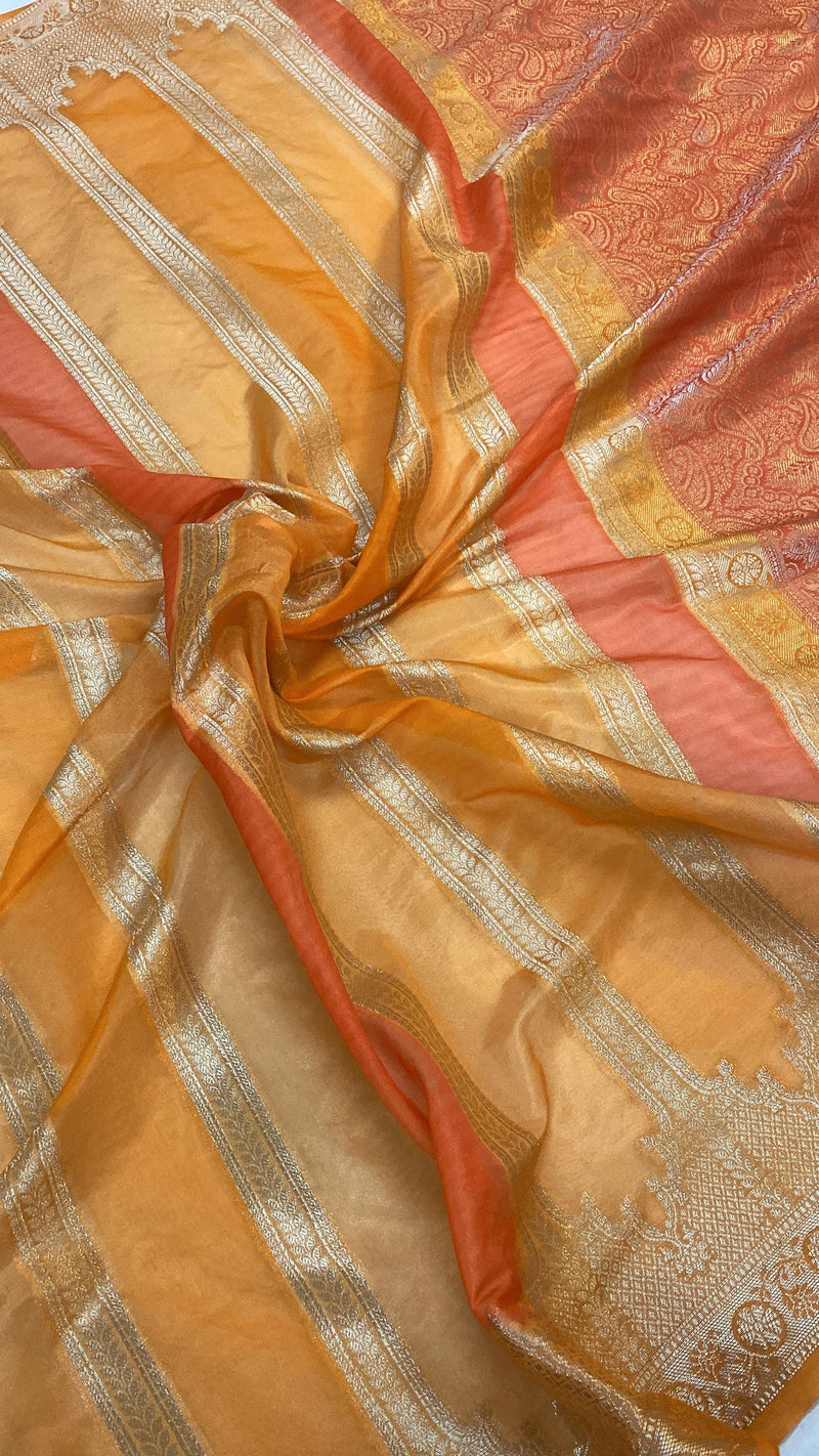 Handwoven Orange Rangkaat Banarasi Silk Sari