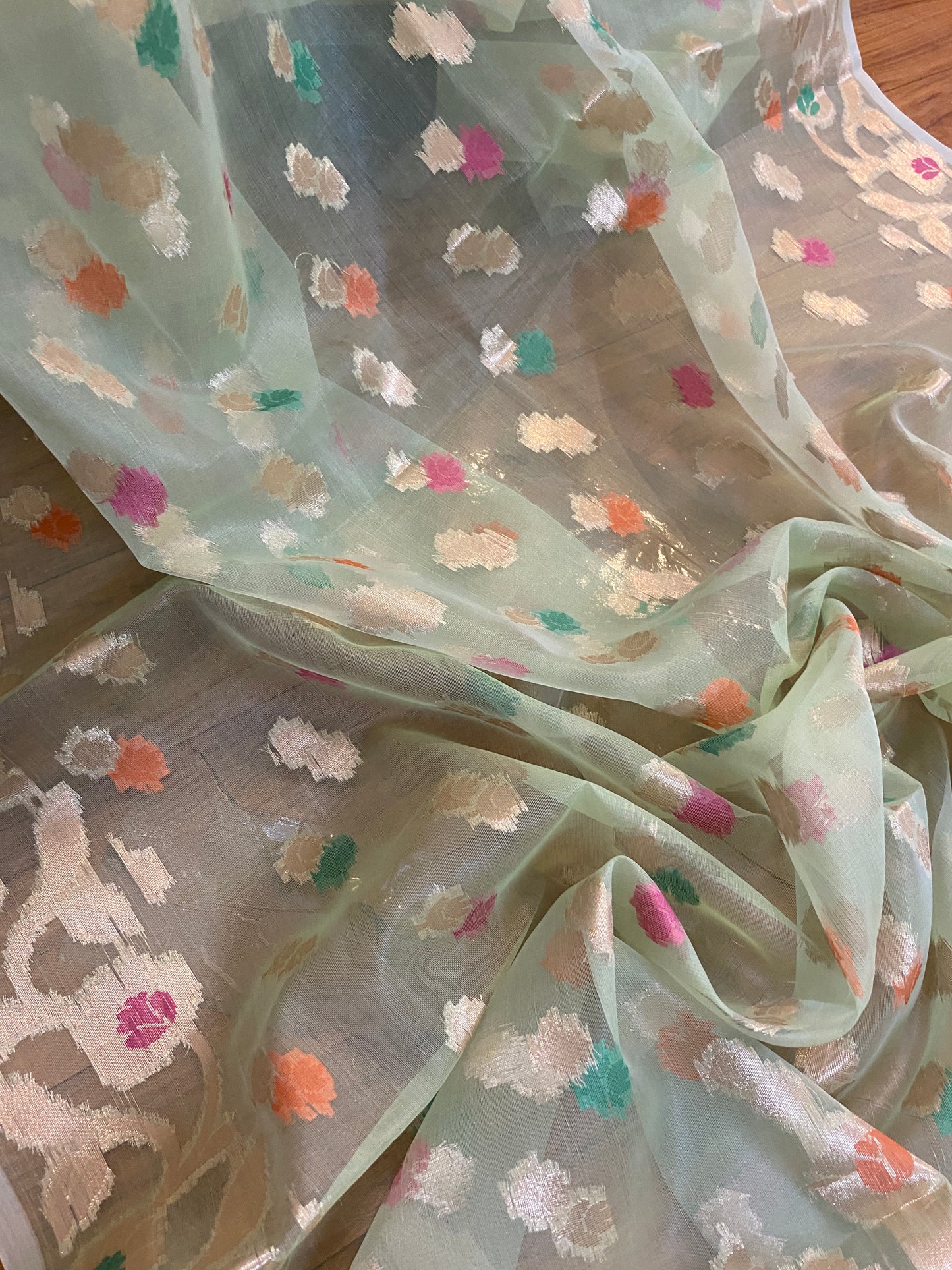 The Pastel Green Pure Cotton Organza Banarasi Sari