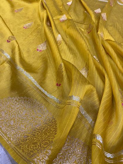 Giallo Dorato Cutwork Butis Couture Pure Mango Silk Banarasi Saree