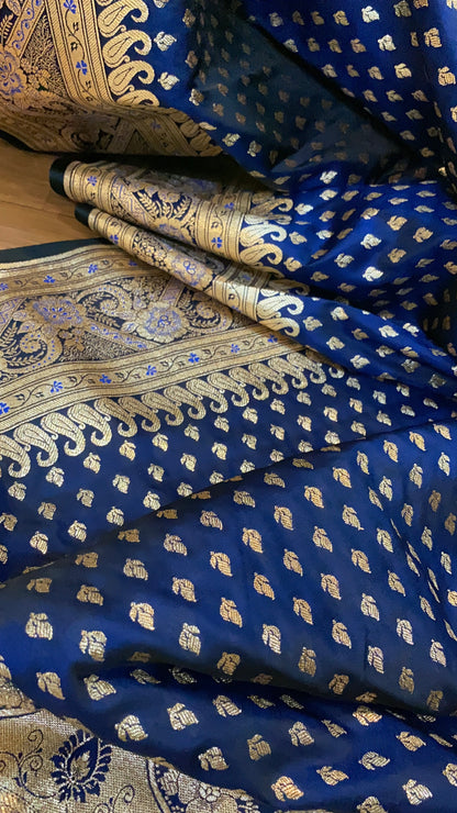 Luxurious Elegance: The Blue Pure Satin Silk Banarasi Saree by Shades Of Benares - banarasi - banarasi saree shop