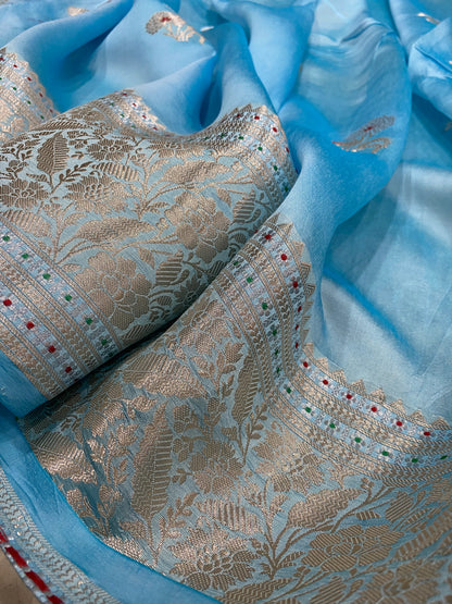 Blu Dolce Cutwork Butis Couture Pure Cotton Silk Banarasi Saree
