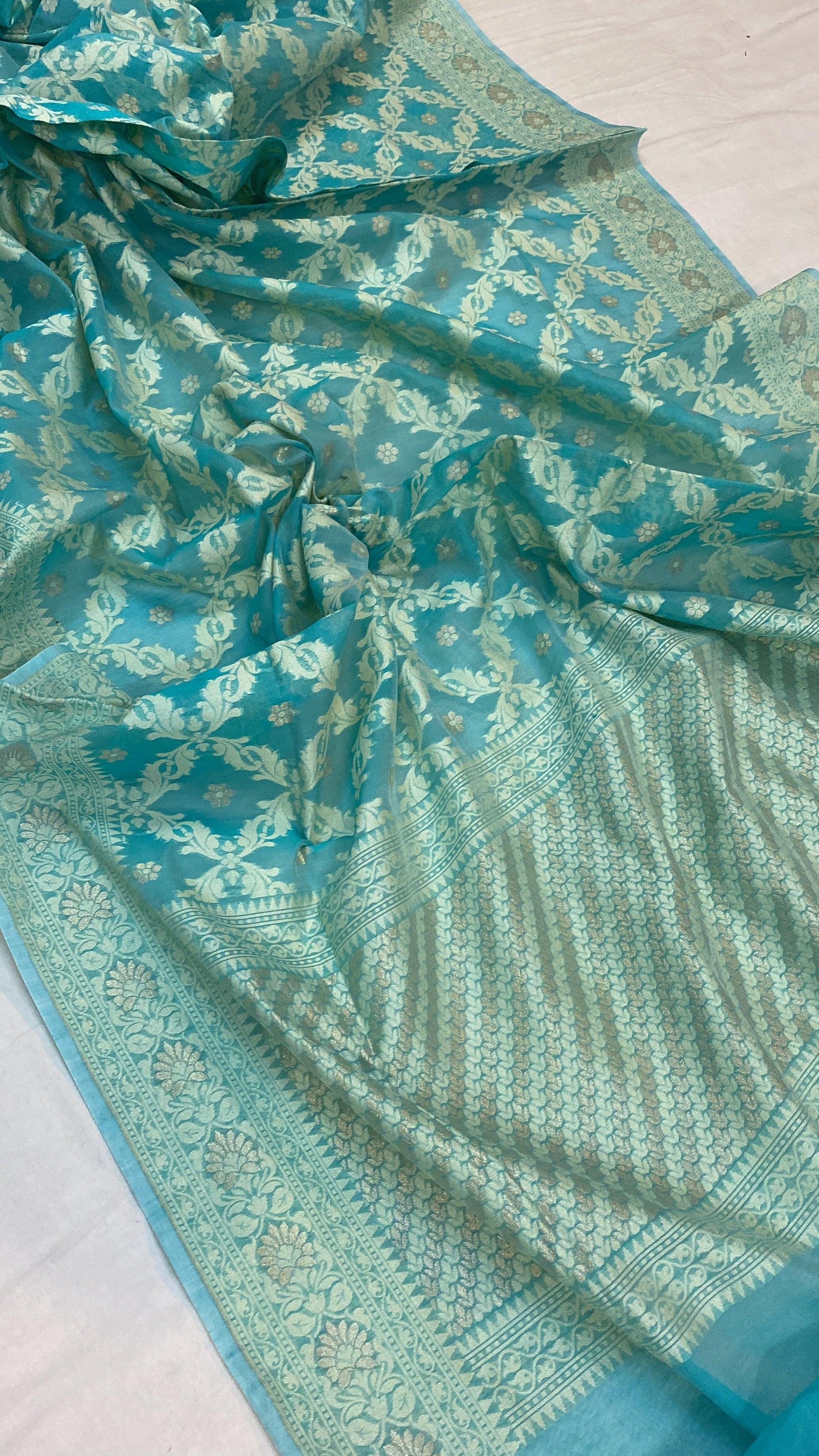 Handwoven Sea Green Pure Banarasi Cotton Sari by Shades Of Benares - banarasi - banarasi saree shop