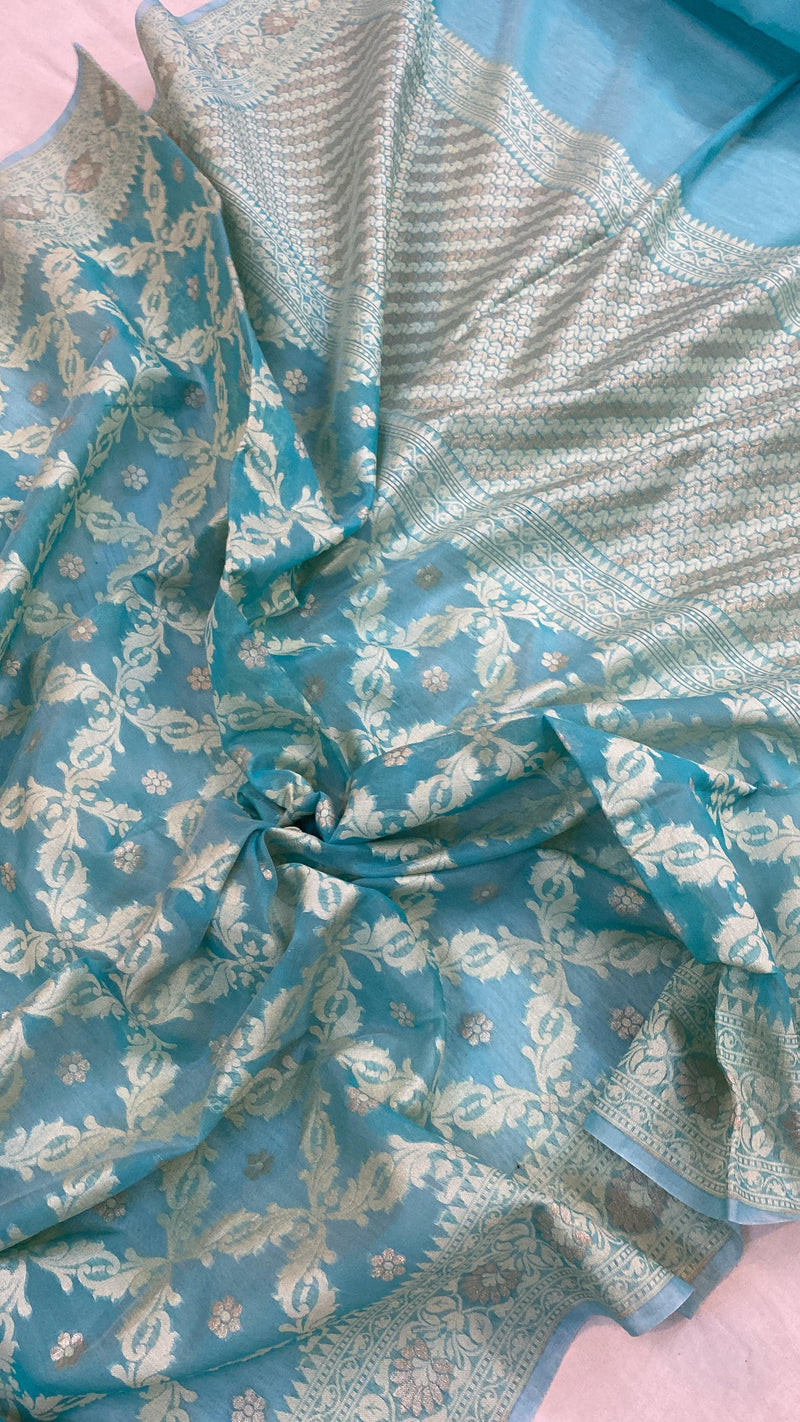 Handwoven Sea Green Pure Banarasi Cotton Sari