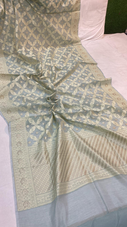 Handwoven Grey Pure Banarasi Cotton Sari by Shades Of Benares - banarasi - banarasi saree shop