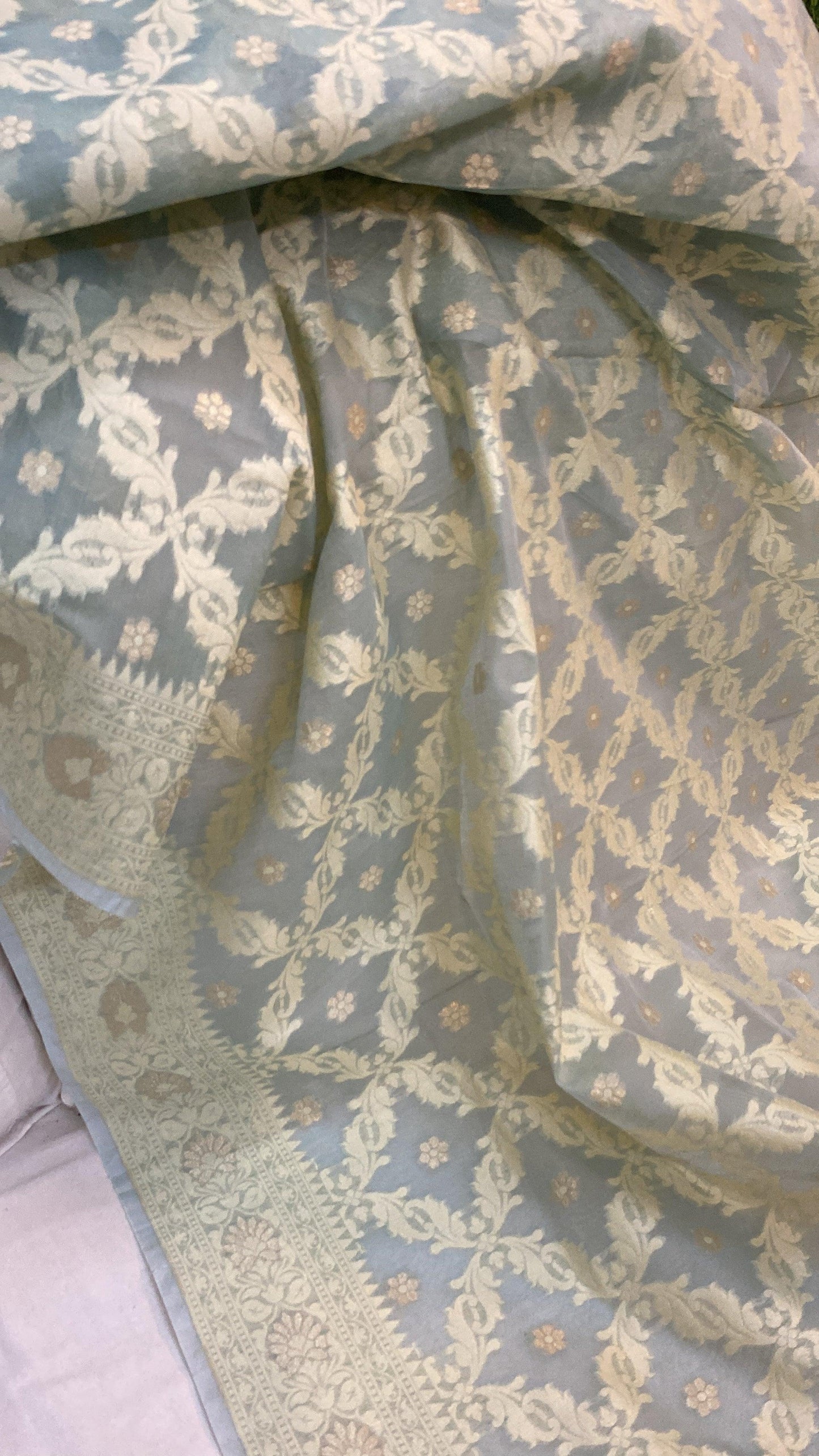 Handwoven Grey Pure Banarasi Cotton Sari by Shades Of Benares - banarasi - banarasi saree shop