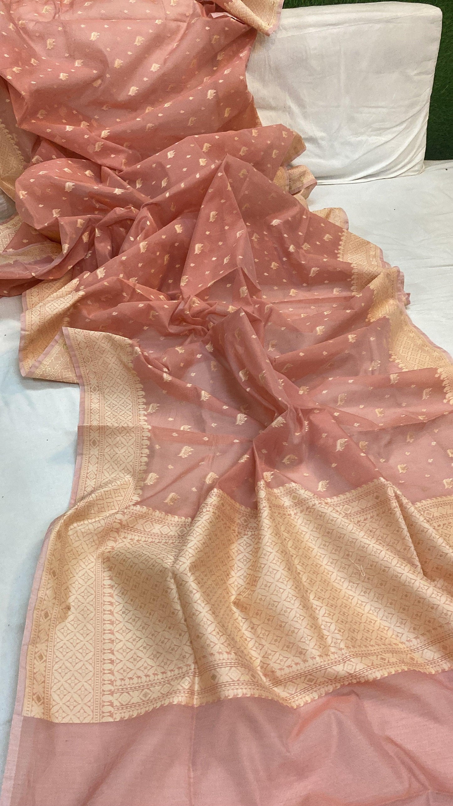 Handwoven Peach Pure Banarasi Cotton Sari by Shades Of Benares - banarasi - banarasi saree shop