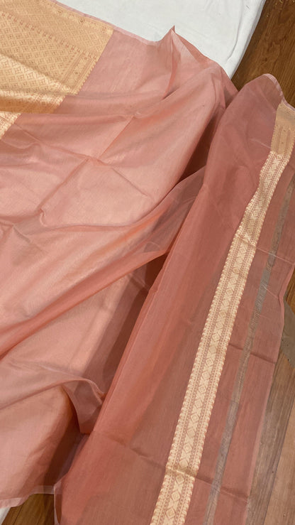 Handwoven Peach Pure Banarasi Cotton Sari by Shades Of Benares - banarasi - banarasi saree shop