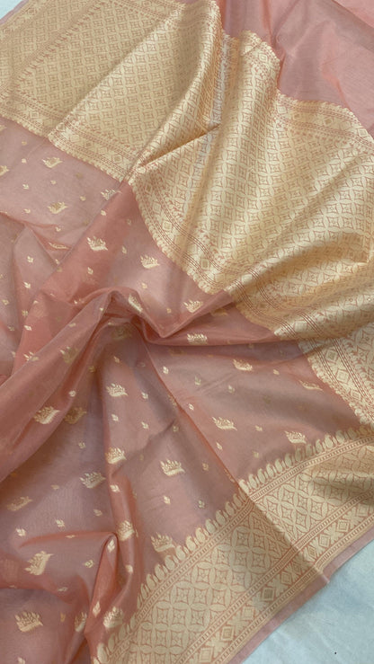 Handwoven Peach Pure Banarasi Cotton Sari by Shades Of Benares - banarasi - banarasi saree shop