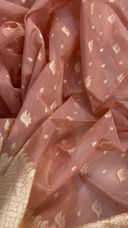 Handwoven Peach Pure Banarasi Cotton Sari by Shades Of Benares - banarasi - banarasi saree shop