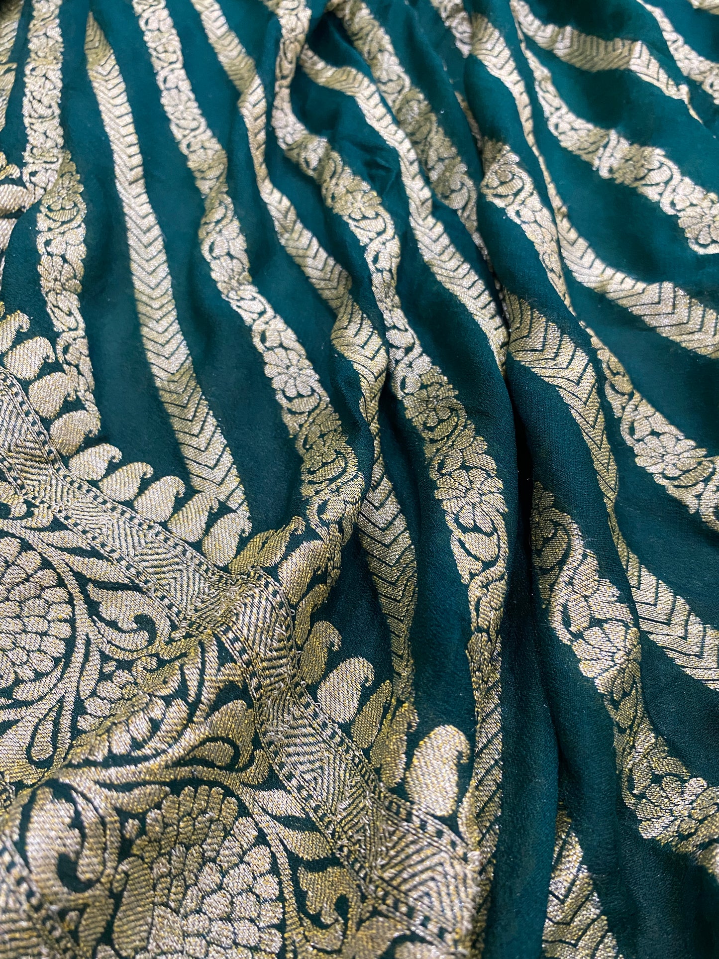 Verde Smeraldo Striped Couture Pure Chiffon Banarasi Saree