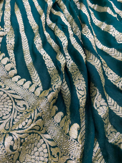 Verde Smeraldo Striped Couture Pure Chiffon Banarasi Saree
