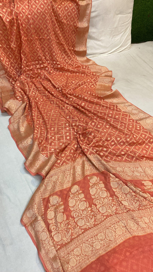 Peach Pure Khaddi Georgette Banarasi Sari by Shades Of Benares - banarasi - banarasi saree shop