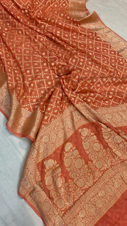 Peach Pure Khaddi Georgette Banarasi Sari by Shades Of Benares - banarasi - banarasi saree shop